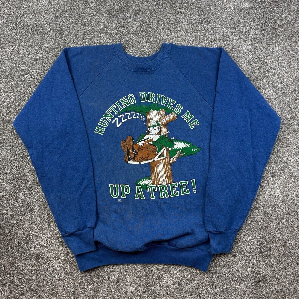 Vintage 80s Hunting Sweatshirt Mens XL Blue Hunting Drives Me Up A Tree Crewneck